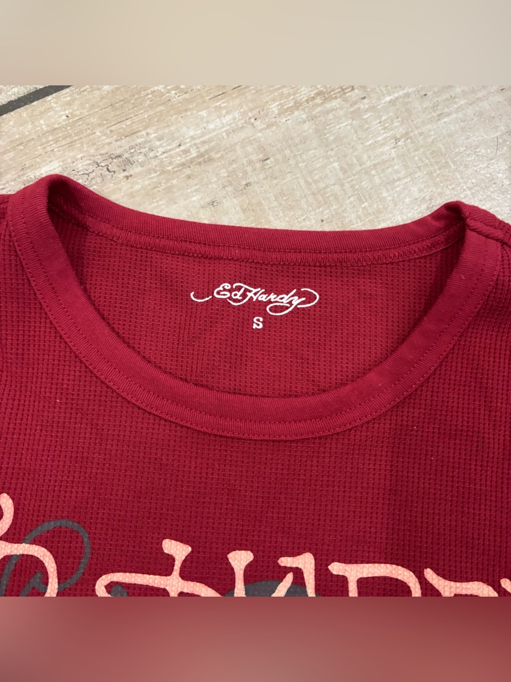 Ed Hardy Y2K Style Thermal Long Sleeve Mens S Burgundy Tiger Tattoo Waffle Knit - Picture 4 of 6
